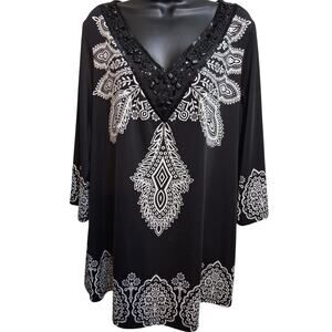 I.N.C International Concepts Shirt 1X Black/White Beaded Floral Tunic Blouse
